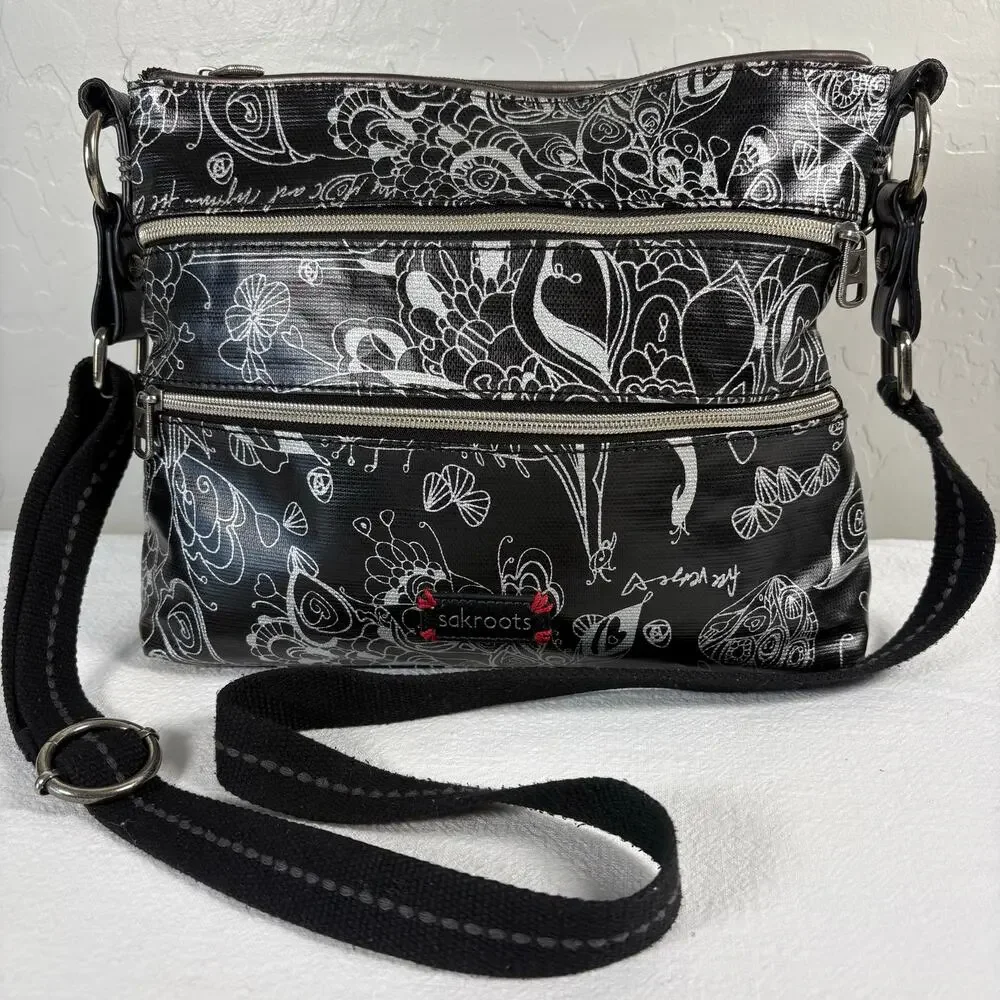 Sakroots Black Silver Peace Crossbody Organizer Bag Triple Zip Adjustable Strap